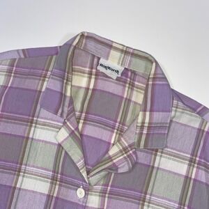 Bon Worth Womens Plaid Button Up Short Sleeve Shirt Purple Green Beige Size XL